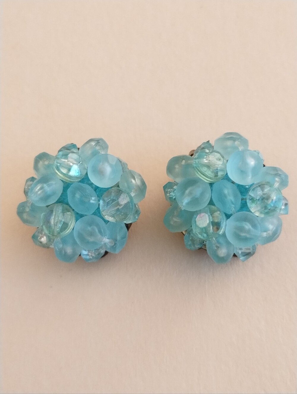 Vintage Seafoam Green Beaded Clip-On Earrings Costume Jewelry - W Germany